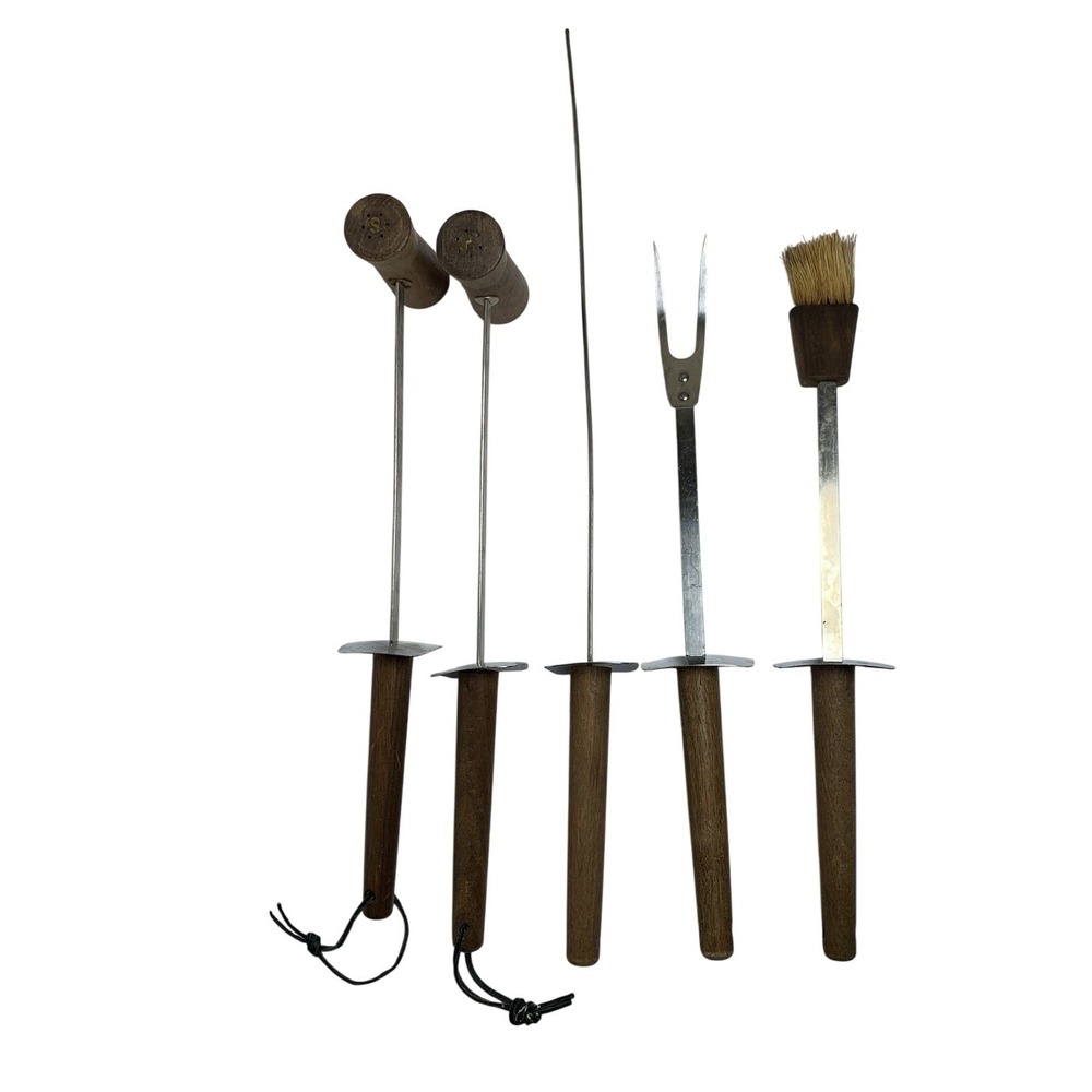 Vintage Androck Mid-century Fondue & BBQ Tool‎ Set – 5 Pc Wooden Handles